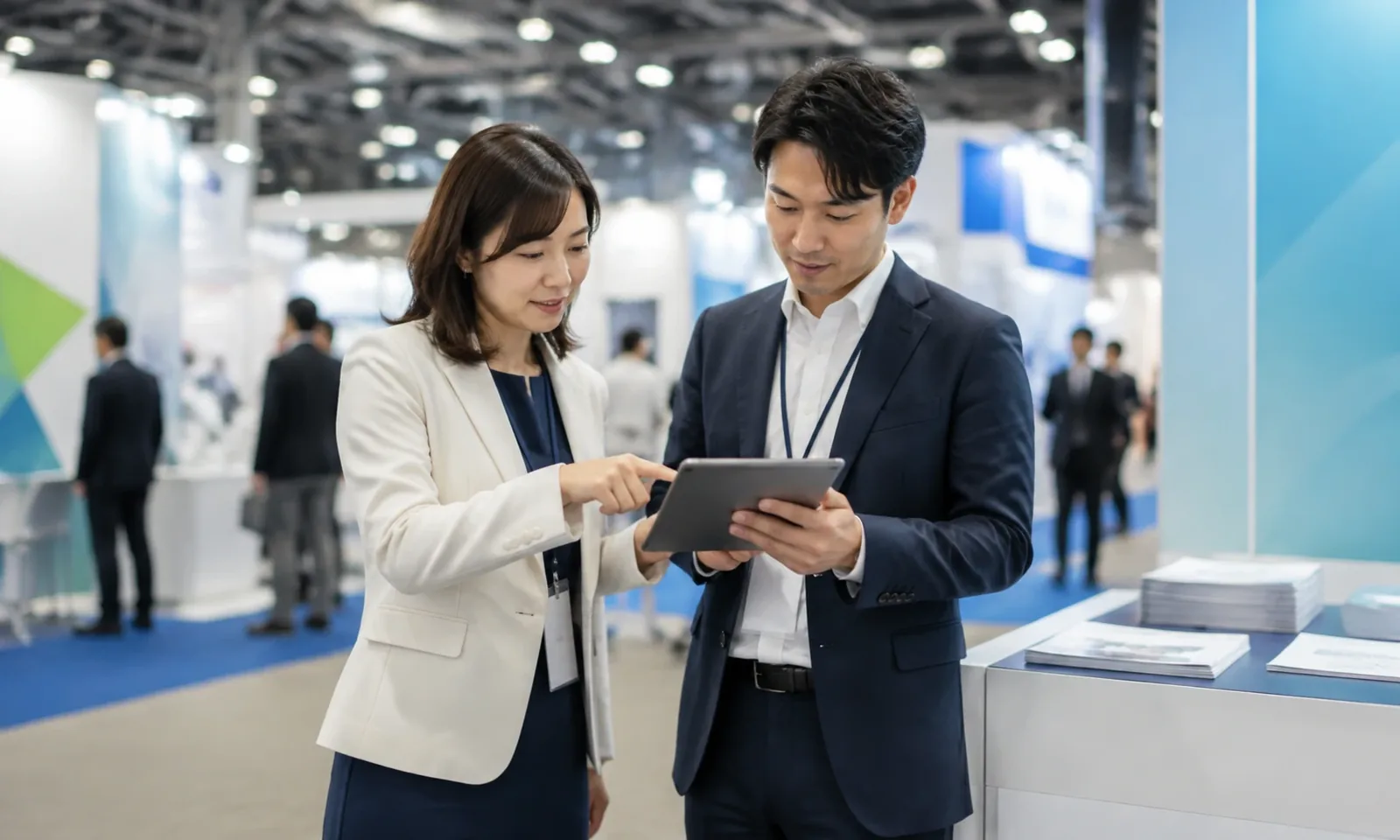 展示会ブースでタブレットを見ながら商談する2人の写真