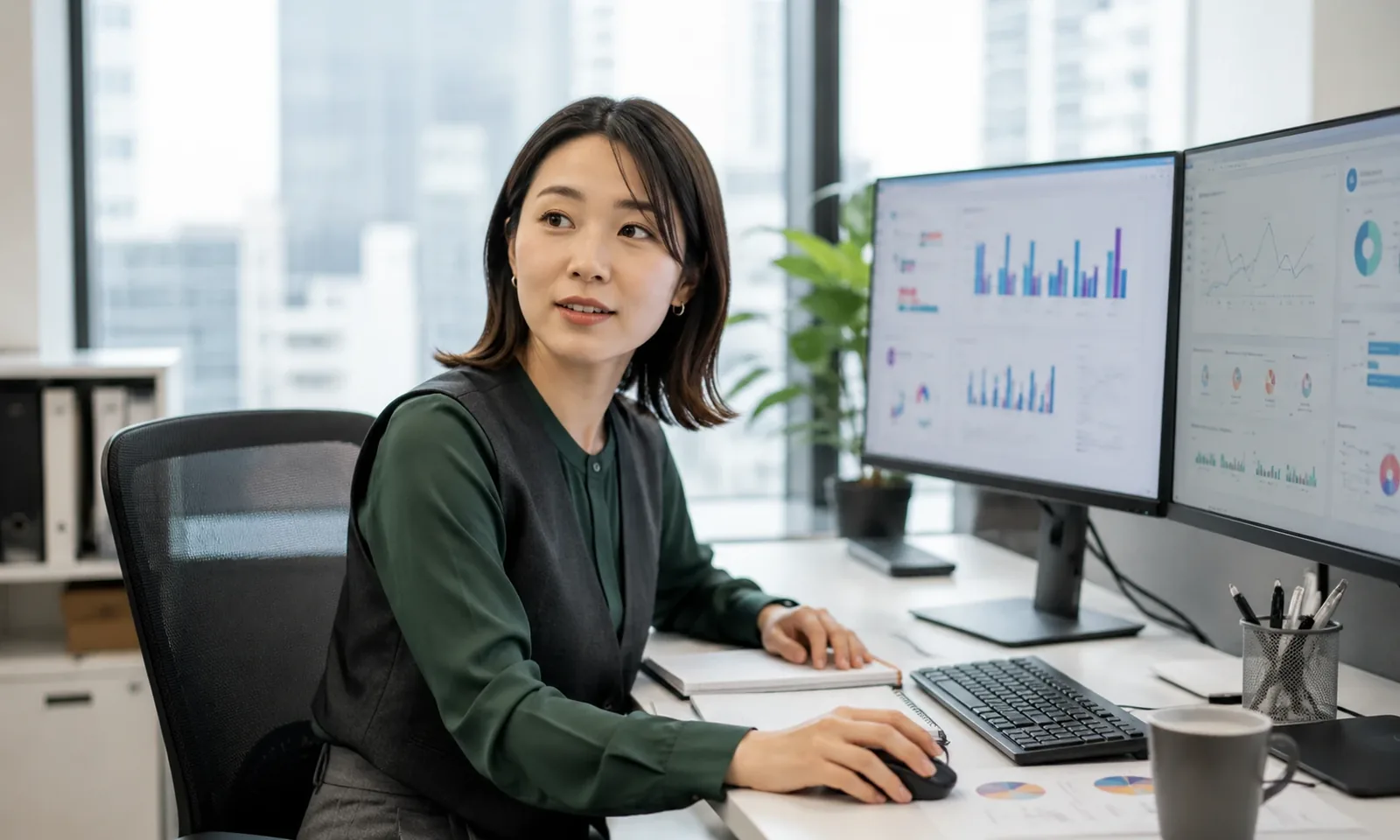 オフィスでダッシュボードを見ながら対象企業を確認する担当者の写真