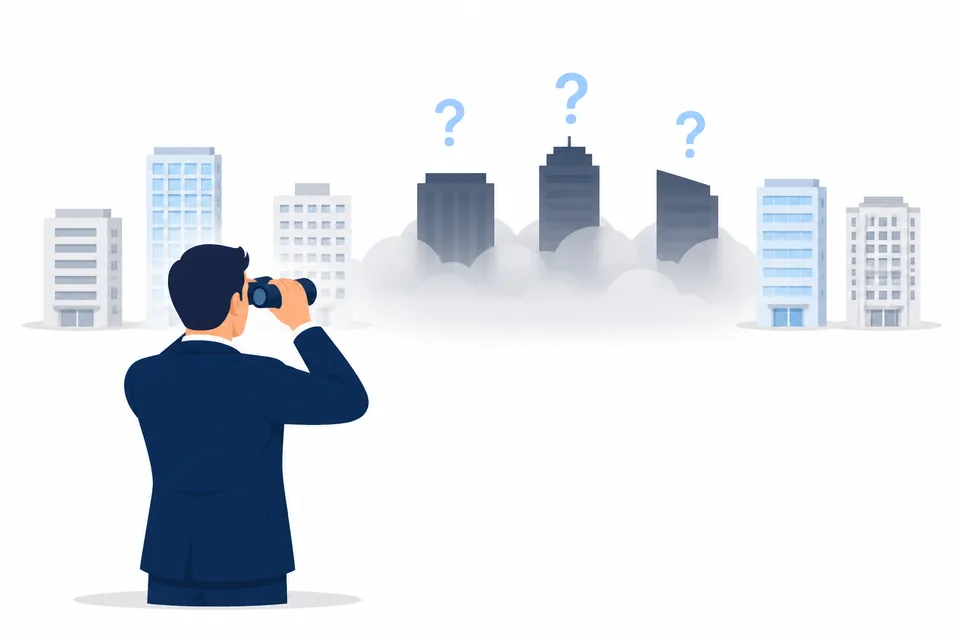 競合を調べている企業が影になって見えない様子のイラスト