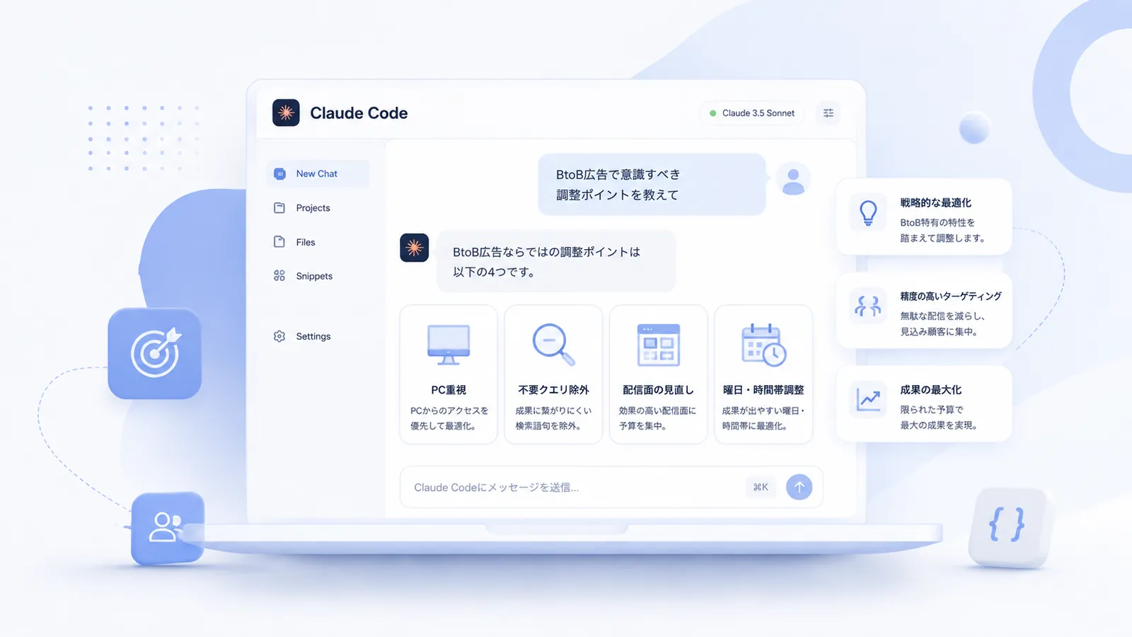 BtoB広告ならではの改善案整理の実演画面（PC重視・不要クエリ除外・配信面・曜日/時間帯）