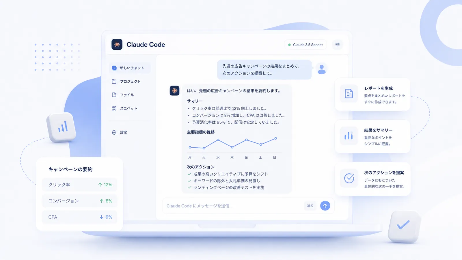 共有・レポート作成の効率化の実演画面（週次レポートのサマリーと次のアクション提案）