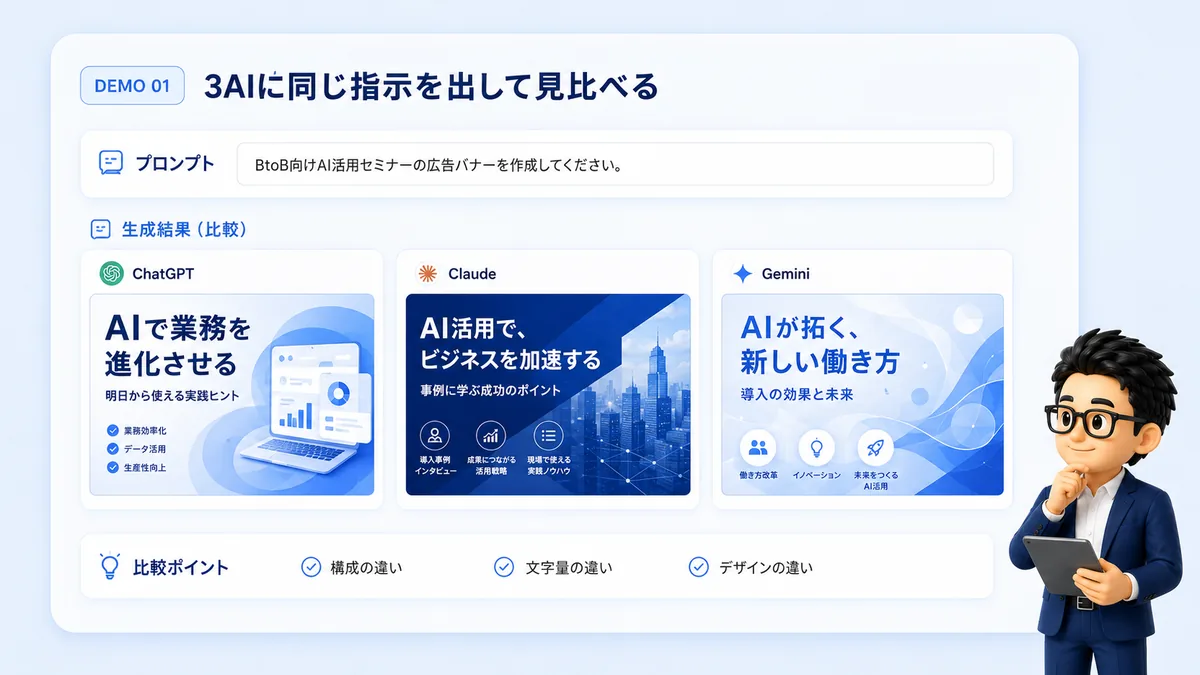3つのAIに同じ指示を出して見比べる実演画面