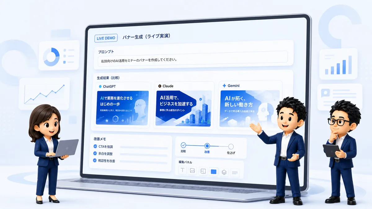 ChatGPT・Claude・Geminiで広告バナーをAIで作るイメージ